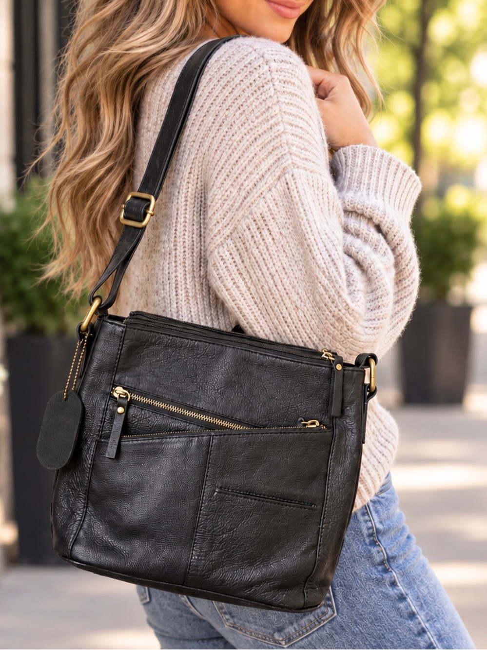 Great American Leather Works Black Leather Crossbody Bag Multi Pocket